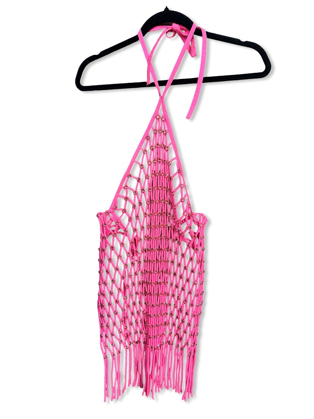 Retrofete Samain top Hot Pink Macramé jeweled mesh halter OOAK New